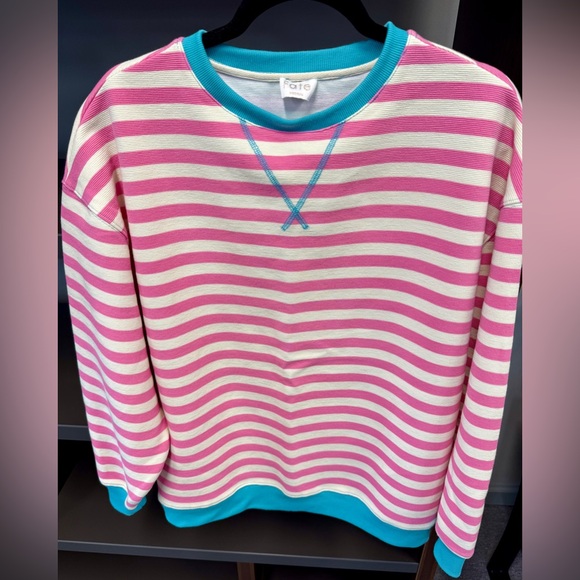 Fate Tops - Fate Pink and White Striped Oversize Sweatshirt with Blue Accents